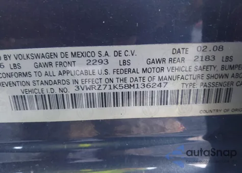 2008 Volkswagen Jetta Se из США, поврежденный, VIN 3VWRZ71K58M136247